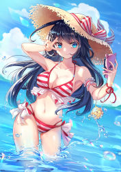 Rule 34 | 1girl, bikini, black hair, blue eyes, blue sky, bow, breasts, cellphone, cleavage, cloud, day, gluteal fold, hat, highres, in water, lalazyt, navel, original, phone, red bikini, sky, solo, straw hat, striped bikini, striped clothes, summer, swimsuit, v, wading
