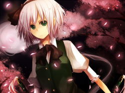 1girl bad_id bad_pixiv_id cherry_blossoms female_focus green_eyes konpaku_youmu kusa kusada_souta short_hair silver_hair solo touhou