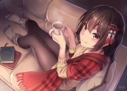 Rule 34 | 1girl, alternate costume, artist name, black hair, blush, book, brown eyes, closed mouth, coffee, cup, fingernails, hair between eyes, holding, holding cup, kantai collection, morigami (morigami no yashiro), pantyhose, sendai (kancolle), shirt, short hair, smile, solo, twitter username, two side up, yellow shirt