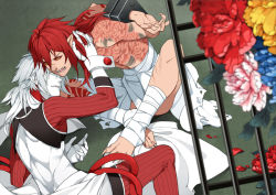 Rule 34 | 10s, 2boys, alternate hair color, bad end, bandages, claws, colored sclera, dramatical murder, flower, fyfyluker, hand in another&#039;s hair, koujaku, monster boy, multiple boys, red hair, red sclera, seragaki aoba, spoilers, stocks, tattoo, white hair