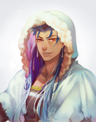 Rule 34 | 1boy, blue hair, capelet, closed mouth, cu chulainn (fate), cu chulainn (caster) (fate), earrings, fang, fate/grand order, fate (series), fur-trimmed hood, fur trim, grin, hood, hood up, hooded capelet, iash, jewelry, cu chulainn (fate/stay night), long hair, looking at viewer, male focus, red eyes, simple background, smile, solo, white background
