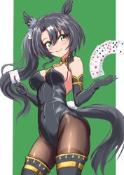 Rule 34 | 1girl, alternate costume, animal ears, beatsheavens0735, black hair, blush, boots, breasts, card, closed mouth, detached sleeves, green background, highres, holding, horse ears, horse girl, horse tail, long hair, looking at viewer, medium breasts, pantyhose, satono crown (umamusume), side ponytail, simple background, smile, solo, tail, thigh boots, umamusume