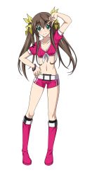 Rule 34 | 10s, 1girl, belt, black socks, boots, breasts, brown hair, cleavage, full body, green eyes, hair ribbon, highres, huang lingyin, infinite stratos, knee boots, kneehighs, long hair, looking at viewer, navel, pink footwear, ribbon, shirt, short shorts, shorts, small breasts, smile, socks, solo, tied shirt, transparent background, twintails, v, yellow ribbon