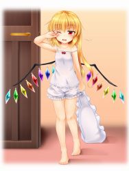 Rule 34 | 1girl, bare arms, bare legs, bare shoulders, barefoot, blonde hair, bloomers, camisole, child, commentary request, door, feet, fingernails, flandre scarlet, full body, hand up, highres, indoors, long fingernails, long hair, looking at viewer, marukyuu ameya, nail polish, one eye closed, parted lips, pillow, red eyes, red nails, sleepy, solo, strap slip, touhou, underwear, walking