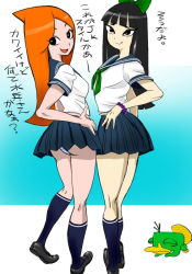 Rule 34 | 2girls, black footwear, black hair, black legwear, blue background, blunt bangs, bow, breasts, candace gertrude flynn, closed eyes, full body, gradient background, green bow, hair bow, hands on own hips, hecha (buunntyoukyuu), japanese text, legs together, loafers, long hair, looking at viewer, looking back, microskirt, midriff peek, multiple girls, orange hair, panties, panty peek, perry the platypus, phineas and ferb, platypus, pleated skirt, school uniform, serafuku, shirt, shoes, short sleeves, simple background, skirt, small breasts, smile, socks, stacy hirano, striped clothes, striped panties, translation request, twisted torso, underwear, white background, white shirt