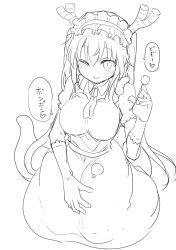 Rule 34 | 1girl, breasts, cool-kyou shinja, dragon girl, dragon horns, dragon tail, female focus, full body, highres, holding mimikaki, horns, japanese text, kobayashi-san chi no maidragon, large breasts, looking at viewer, maid, mimikaki, one eye closed, simple background, sitting, smile, solo, speech bubble, tail, tohru (maidragon), translation request, white background, wink