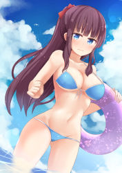 Rule 34 | 10s, 1girl, 3:, bikini, blue bikini, blue eyes, blue sky, blush, breasts, cleavage, cloud, collarbone, cowboy shot, day, dutch angle, floral print, front-tie top, hair ornament, holding, innertube, large breasts, lens flare, long hair, looking at viewer, md5 mismatch, mole, mole on breast, naigou, navel, neneru, new game!, ocean, ponytail, purple hair, resolution mismatch, sidelocks, sky, solo, source larger, swim ring, swimsuit, takimoto hifumi, wading, water, wet