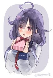 Rule 34 | 1girl, ahoge, animal print, blue sailor collar, border, breasts, fish print, gift, hair flaps, hatomaru (hatomaru56), highres, kantai collection, large breasts, low twintails, neckerchief, purple background, purple hair, red eyes, red neckerchief, sailor collar, school uniform, serafuku, solo, taigei (kancolle), twintails, twitter username, two-tone background, upper body, whale print, white border