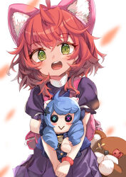 Rule 34 | 1girl, :d, animal ears, annie (league of legends), backpack, bag, blurry, blurry background, blush, cat ears, character doll, doll, fake animal ears, green eyes, gwen (league of legends), highres, holding, holding doll, league of legends, medium hair, open mouth, pink bag, pleated skirt, puffy short sleeves, puffy sleeves, purple skirt, red hair, short sleeves, skirt, smile, solo, stuffed animal, stuffed toy, teddy bear, tibbers, umagenzin, white background