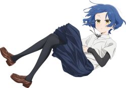 Rule 34 | 1girl, black pantyhose, black ribbon, black skirt, blue hair, bocchi the rock!, brown footwear, closed mouth, dot mouth, dot nose, expressionless, full body, loafers, long sleeves, looking at viewer, mole, mole under eye, neck ribbon, official art, pantyhose, pleated skirt, ribbon, school uniform, shimokitazawa high school uniform, shirt, shoes, short hair, skirt, solo, tachi-e, transparent background, white shirt, yamada ryo, yellow eyes