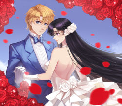 Rule 34 | 1boy, 1girl, backless dress, backless outfit, bishoujo senshi sailor moon, black hair, blonde hair, blue background, blue bow, blue eyes, bow, bowtie, bride, couple, douyougen, dress, flower, formal, gloves, hair flower, hair ornament, hetero, highres, hino rei, jadeite (sailor moon), long hair, md5 mismatch, petals, purple eyes, red flower, red rose, resolution mismatch, rose, smile, source smaller, traditional bowtie, tuxedo, wedding, wedding dress, white dress, white flower, white gloves, white rose