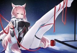 Rule 34 | 1girl, absurdres, animal ears, arknights, black dress, breasts, cape, cup, dress, extra ears, highres, large breasts, legs up, long hair, long sleeves, looking at viewer, mizuhashi parusui, mug, night, night sky, outdoors, pantyhose, pink eyes, pink hair, pozyomka (arknights), red ribbon, ribbon, sky, solo, star (sky), starry sky, tail, very long hair, white cape, white pantyhose, wolf ears, wolf girl, wolf tail