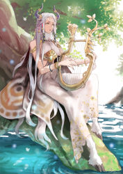 Rule 34 | 1girl, bare shoulders, breasts, dress, facial tattoo, fantasy, goat horns, harp, holding, holding instrument, hooves, horns, insect wings, instrument, long hair, monster girl, moth wings, nashiro (nishir19), original, satyr, solo, tattoo, white dress, white hair, wings, yellow eyes