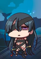 Rule 34 | 1girl, absurdly long hair, april fools, barefoot, black hair, chibi, eyepatch, fate/grand order, fate (series), fishnets, hair between eyes, highres, long hair, mochizuki chiyome (fate), no nose, official art, open mouth, purple eyes, revealing clothes, riyo (lyomsnpmp), rooftop, shaded face, snake tattoo, solo, tattoo, triangle mouth, very long hair