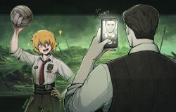 Rule 34 | 1boy, 1girl, 4indroid, badge, ball, belt, black hair, black pants, black vest, blonde hair, bob cut, cellphone, collared shirt, commentary, dirty, dirty clothes, don quixote (project moon), english commentary, game cg, green eyes, green sky, highres, holding, holding phone, limbus company, looking at phone, messy hair, meursault (project moon), necktie, pants, phone, project moon, red necktie, selfie, shirt, short hair, smartphone, sound effects, trash, twitter username, vest, volleyball (object), white shirt, yellow eyes