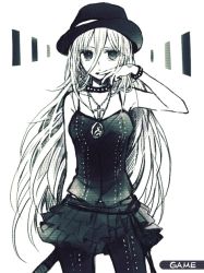 Rule 34 | 1girl, anzu (o6v6o), arm at side, bare shoulders, black hat, black pantyhose, bracelet, breasts, cowboy shot, cross, cross necklace, door, earrings, english text, eyelashes, frilled skirt, frills, greyscale, hair between eyes, hat, jewelry, lily (vocaloid), long hair, looking at viewer, medium breasts, miniskirt, monochrome, nail polish, necklace, pantyhose, pendant, sketch, skirt, sleeveless, solo, spaghetti strap, very long hair, vocaloid, white background