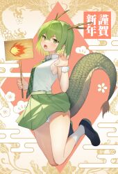 Rule 34 | 1girl, absurdres, black footwear, brown horns, chinese zodiac, commentary request, dragon girl, dragon horns, dragon tail, full body, green eyes, green hair, green necktie, green skirt, hair between eyes, highres, horns, looking at viewer, necktie, open mouth, original, panties, pantyshot, shirt, shoes, short hair, skirt, sleeveless, sleeveless shirt, socks, solo, tail, tauta (meshia8787), thighs, translation request, underwear, white panties, white shirt, white socks, year of the dragon