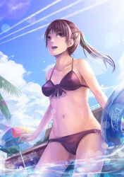 Rule 34 | 1girl, bare shoulders, beach umbrella, bikini, breasts, brown hair, cameltoe, cloud, collarbone, contrail, covered erect nipples, day, front-tie top, innertube, lens flare, lif (lif &amp; ref), long hair, medium breasts, navel, o-ring, o-ring bottom, open mouth, original, parasol, ponytail, red eyes, sky, solo, swim ring, swimsuit, teeth, tree, umbrella, wading, water