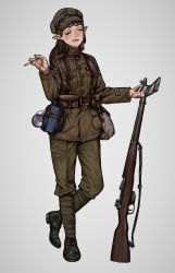Rule 34 | 1girl, absurdres, brown hair, canada, canadian army, cigarette, cigarette case, commission, gun, highres, load bearing equipment, military, military rank insignia, military uniform, original, pointy ears, puttee, remora25, rifle, ross rifle, simple background, smoking, standing, uniform, weapon, world war i