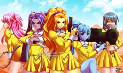 Rule 34 | 5girls, adagio dazzle, agent aika, aika (series), angel beats!, aria blaze, blue hair, breasts, brown eyes, character request, cleavage, cleavage cutout, closed mouth, clothing cutout, cosplay, crossover, delmo, demon tail, dress, fairy tail, golden delmo, jadenkaiba, long hair, looking away, multiple girls, my little pony, my little pony: equestria girls, my little pony: friendship is magic, outdoors, pink eyes, pink hair, sky, sonata dusk, tail, wendy marvell, yui (angel beats!)