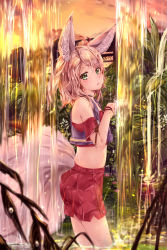Rule 34 | 1girl, animal ears, blade &amp; soul, brown hair, cloud, commission, crop top, dema hmw, dusk, fox ears, fox tail, from side, green eyes, highres, lyn (blade &amp; soul), midriff, multiple tails, navel, outdoors, red shirt, red skirt, shirt, short hair, skirt, sky, solo, tail, two side up, wading, water, waterfall