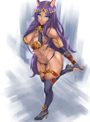Rule 34 | 1girl, abs, animal ears, aqua eyes, ass, bare shoulders, black panties, boots, breasts, bridal gauntlets, circlet, cleavage, closed mouth, collarbone, curvy, dark-skinned female, dark skin, fate/grand order, fate (series), forehead jewel, halterneck, high heel boots, high heels, hip focus, huge ass, koucha indian, large breasts, leg up, legs, long hair, looking at viewer, muscular, muscular female, navel, panties, parted bangs, purple hair, queen of sheba (fate), smile, solo, stomach, thick thighs, thigh boots, thighhighs, thighs, toned, underwear, white background, wide hips