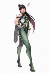 Rule 34 | 1girl, absurdres, black hair, blunt bangs, bodysuit, breasts, brown eyes, eve (stellar blade), gloves, green bodysuit, hand on own hip, heart, highres, ifragmentix, long hair, medium breasts, multicolored clothes, planet diving suit (7th) (stellar blade), ponytail, silver bodysuit, simple background, skin tight, solo, speech bubble, spoken heart, standing, stellar blade, thighs, very long hair