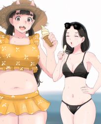 Rule 34 | 2girls, bikini, black bikini, black hair, blurry, blurry background, breasts, character request, check commentary, closed eyes, collarbone, commentary, commentary request, day, dungeon meshi, eyewear on head, food, frilled bikini, frills, hand on own hip, hat, highres, holding, holding food, holding ice cream, holding ice cream cone, horns, hot, ice cream, ice cream cone, inutade, large breasts, long hair, looking at viewer, medium breasts, missing tooth, mole, mole under eye, multiple girls, ogre, open mouth, osage gankyou, outdoors, simple background, straw hat, sunglasses, sweat, swimsuit, twintails, yellow bikini