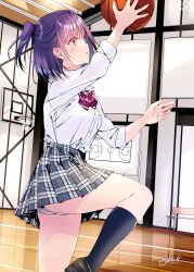 Rule 34 | 1girl, ball, basketball (object), basketball court, basketball hoop, bench, black socks, blush, bow, bowtie, breast pocket, brown eyes, brown footwear, commentary request, dated, eyelashes, gym, highres, holding, holding ball, indoors, kneehighs, knees up, kobayashi chisato, loafers, looking up, medium hair, one side up, original, panties, pantyshot, parted lips, plaid, plaid skirt, pleated skirt, pocket, profile, purple hair, school uniform, shirt, shirt tucked in, shoes, signature, skirt, sleeves rolled up, socks, solo, standing, standing on one leg, striped bow, striped bowtie, striped clothes, underwear, white panties, white shirt, whiteboard