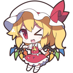 Rule 34 | &gt; o, 1girl, 60mai, ;d, ascot, blonde hair, blush, bow, buttons, chibi, clenched hand, collared shirt, fang, flandre scarlet, full body, hat, hat bow, mob cap, one eye closed, one side up, open mouth, red bow, red skirt, shirt, short sleeves, simple background, skirt, skirt set, smile, solo, standing, touhou, white background, white bow, white hat, white shirt, wings