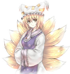 Rule 34 | 1girl, animal ears, bad id, bad pixiv id, blonde hair, female focus, fox ears, fox tail, hands in opposite sleeves, hat, hat with ears, multiple tails, short hair, solo, tail, takemori shintarou, touhou, upper body, yakumo ran, yellow eyes
