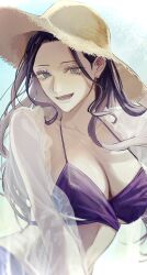 Rule 34 | 1girl, bikini, black hair, blue eyes, hat, highres, long hair, looking at viewer, nico robin, nsgw, one piece, open clothes, open mouth, open shirt, outdoors, purple bikini, see-through, see-through shirt, shirt, simple background, smile, solo, straw hat, swimsuit, white shirt