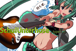 Rule 34 | 1girl, aqua hair, detached collar, green nails, guitar, hatsune miku, holding, instrument, long hair, looking at viewer, midriff, nail polish, navel, original, simple background, solo, stomach, strapless, tube top, twintails, very long hair, vocaloid, white background, yada ei