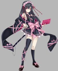 Rule 34 | 1girl, asymmetrical legwear, bad id, bad twitter id, bare shoulders, belt, black dress, black hair, book, bow, chain, commentary, cross-laced clothes, cross-laced legwear, detached sleeves, dress, flower, grey background, hair flower, hair ornament, hairband, holding, holding book, holding weapon, katana, lace trim, loafers, long hair, looking at viewer, multiple belts, nyaromaru, open book, pink eyes, print sleeves, scabbard, sheath, sheathed, shoes, sidelocks, sleeveless, sleeveless dress, solo, suishinshi masahide (tenka hyakken), sword, tenka hyakken, waist bow, weapon, wide sleeves