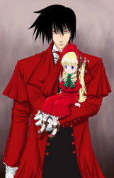 Rule 34 | 00s, 1boy, 1girl, alucard (hellsing), ascot, black hair, blonde hair, blue eyes, bonnet, bow, bowtie, crossover, doll, drill hair, formal, green bow, green bowtie, hellsing, holding, long hair, long sleeves, looking at viewer, red eyes, rozen maiden, shinku, sidelocks, sitting, size difference, suit, tousen, twintails, very long hair