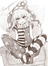 Rule 34 | 1girl, absurdres, american flag dress, american flag legwear, arms behind back, artist name, blouse, blush, cameltoe, carbohydrate (asta4282), chair, character name, clownpiece, crossed legs, dress, eyelashes, facing viewer, feet together, hat, highres, jester cap, long hair, looking at viewer, monochrome, neck ruff, open mouth, pants, polka dot, polka dot headwear, presenting, shirt, short sleeves, sitting, spread legs, star (symbol), striped clothes, striped dress, striped pants, striped shirt, touhou, wings