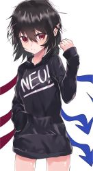 Rule 34 | 1girl, adapted costume, asuzemu, asymmetrical wings, black hair, black sweater, clothes writing, cowboy shot, german text, hand in pocket, highres, houjuu nue, long sleeves, looking at viewer, pointy ears, red eyes, simple background, solo, sweater, touhou, translated, white background, wings