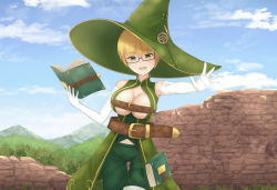 Rule 34 | 1girl, bare shoulders, belt, blonde hair, blunt bangs, book, breasts, cleavage, cloud, cloudy sky, day, dress, elbow gloves, forest, glasses, gloves, green dress, green eyes, green headwear, hand up, hat, holborn (the vagrant), holding, jmc5221, joko jmc, large breasts, looking at viewer, mountain, nature, no bra, open book, open mouth, outdoors, short hair, sky, sleeveless, smile, sunlight, the vagrant, thighs, upper body, wall, witch, witch hat