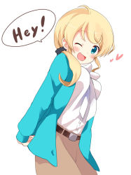Rule 34 | 1girl, arms behind back, belt, blonde hair, blue jacket, blush, ellen baker, english text, hair ornament, hair scrunchie, heart, jacket, long hair, long sleeves, looking at viewer, massala, new horizon, one eye closed, open mouth, own hands clasped, own hands together, ponytail, scrunchie, skirt, smile, solo
