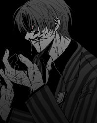Rule 34 | 1boy, badge, blood, coat, collared shirt, greyscale, highres, limbus company, long sleeves, male focus, maskv, monochrome, nosebleed, parted lips, project moon, red eyes, scar, scar on hand, shirt, solo, spot color, striped, striped coat, upper body, vergilius (project moon), wing collar