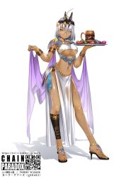 Rule 34 | 1girl, ahoge, armlet, bracelet, breasts, chain paradox, dark-skinned female, dark skin, full body, glasses, grey hair, high heels, holding, holding tray, jewelry, kakizaka hachishika, large breasts, looking at viewer, pelvic curtain, qr code, revealing clothes, round eyewear, sandals, shadow, shawl, short hair, solo, standing, thighlet, tray, white background, yellow eyes