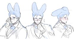 Rule 34 | +++, 1boy, adjusting eyewear, animal ears, blue bow, blue bowtie, blue eyes, blue hair, blush, bow, bowtie, bright pupils, closed eyes, collared jacket, collared shirt, colored eyelashes, formal, glasses, gloves, hand up, highres, jacket, korean commentary, long sleeves, looking at viewer, male focus, multiple views, open mouth, original, rabbit boy, rabbit ears, sasi mozzi1, shirt, short hair, simple background, sketch, suit, upper body, very short hair, white background, white gloves, white jacket, white shirt, white suit