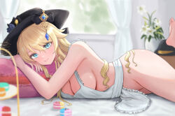 Rule 34 | 1girl, alternate costume, apron, black hat, blonde hair, blue eyes, blurry, blurry background, breasts, cleavage, closed mouth, commentary request, curtains, drill hair, drill sidelocks, feet up, flower, food, genshin impact, hair between eyes, hat, hat flower, hat ornament, highres, large breasts, long hair, looking at viewer, lying, macaron, naked apron, navia (genshin impact), on stomach, runyo (yale12312), sideboob, sidelocks, smile, solo, window