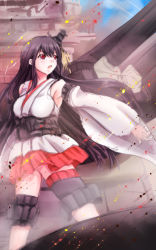 Rule 34 | 10s, 1girl, bare shoulders, black hair, breasts, detached sleeves, fusou (kancolle), hair ornament, highres, japanese clothes, kantai collection, large breasts, long hair, nontraditional miko, open mouth, personification, red eyes, solo, tsukineko