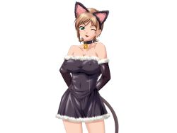 Rule 34 | 1girl, animal ears, arms behind back, asaga aoi, bare shoulders, breasts, brown hair, cat ears, cleavage, covered erect nipples, game cg, green eyes, large breasts, looking at viewer, okaa-san to naisho, okaasan to naisho, one eye closed, short hair, simple background, smile, solo, standing, tail, wink