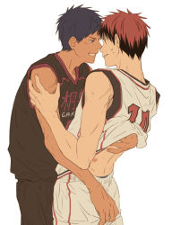 Rule 34 | 2boys, aomine daiki, ass grab, assisted exposure, basketball uniform, blue hair, chinese commentary, dark-skinned male, dark skin, face-to-face, grin, hickey, kagami taiga, kuroko no basuke, male focus, multiple boys, red hair, short hair, shorts, simple background, smile, sportswear, sweatdrop, toned, toned male, undressing another, white background, xuan zhi yue ying, yaoi