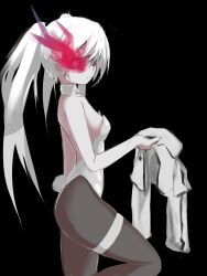 1girl absurdres black_background black_rock_shooter black_rock_shooter_(game) dannty15 detached_collar flaming_eye highres jacket leotard pantyhose playboy_bunny rabbit_tail solo strapless strapless_leotard tail twintails white_hair white_leotard white_rock_shooter