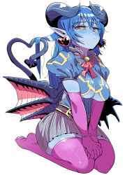 Rule 34 | 1girl, alternate costume, astaroth (shinrabanshou), black sclera, blue shirt, blue skin, blush, breasts, closed mouth, colored sclera, colored skin, demon girl, demon horns, demon tail, demon wings, earrings, elbow gloves, eyebrows, facing away, frown, full body, gloves, grey skirt, hair between eyes, heart, heart earrings, heart tail, highres, horns, jewelry, kafun, large breasts, long hair, low wings, miniskirt, no bra, orange eyes, own hands together, pink gloves, pink ribbon, pink thighhighs, pleated skirt, pointy ears, puffy short sleeves, puffy sleeves, ribbon, shinrabanshou, shirt, short sleeves, simple background, sitting, skirt, slit pupils, solo, straight hair, tail, thighhighs, underboob, v arms, wariza, white background, wings, zettai ryouiki