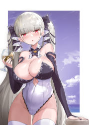 Rule 34 | 1girl, absurdly long hair, adapted costume, arm support, azur lane, bare shoulders, black nails, blue sky, blunt bangs, breasts, bridal gauntlets, cleavage, commentary request, covered navel, cowboy shot, crystal shoujo, day, detached collar, elbow gloves, fingerless gloves, formidable (azur lane), gloves, grey hair, hair ribbon, highres, impossible clothes, impossible leotard, large breasts, leotard, long hair, looking at viewer, nail polish, ocean, open mouth, outside border, red eyes, ribbon, sky, solo, standing, strapless, strapless leotard, thighhighs, twintails, two-tone leotard, two-tone ribbon, very long hair, white leotard, white thighhighs