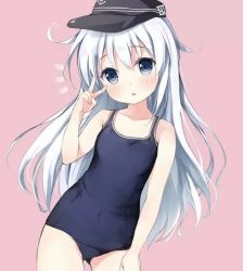 Rule 34 | 1girl, ^^^, alternate costume, arm up, black hat, blue eyes, blue one-piece swimsuit, covered navel, cowboy shot, flat cap, gluteal fold, gumball (artist), hand on own thigh, hat, hibiki (kancolle), kantai collection, leaning to the side, long hair, one-piece swimsuit, pink background, school swimsuit, silver hair, simple background, solo, standing, swimsuit, thighs, v, very long hair